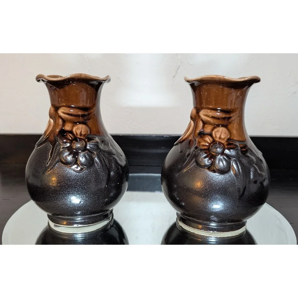 Vintage Flowers & Bows Raku Crackle Drip Glazed Scalloped Edge Vases, Set of Two